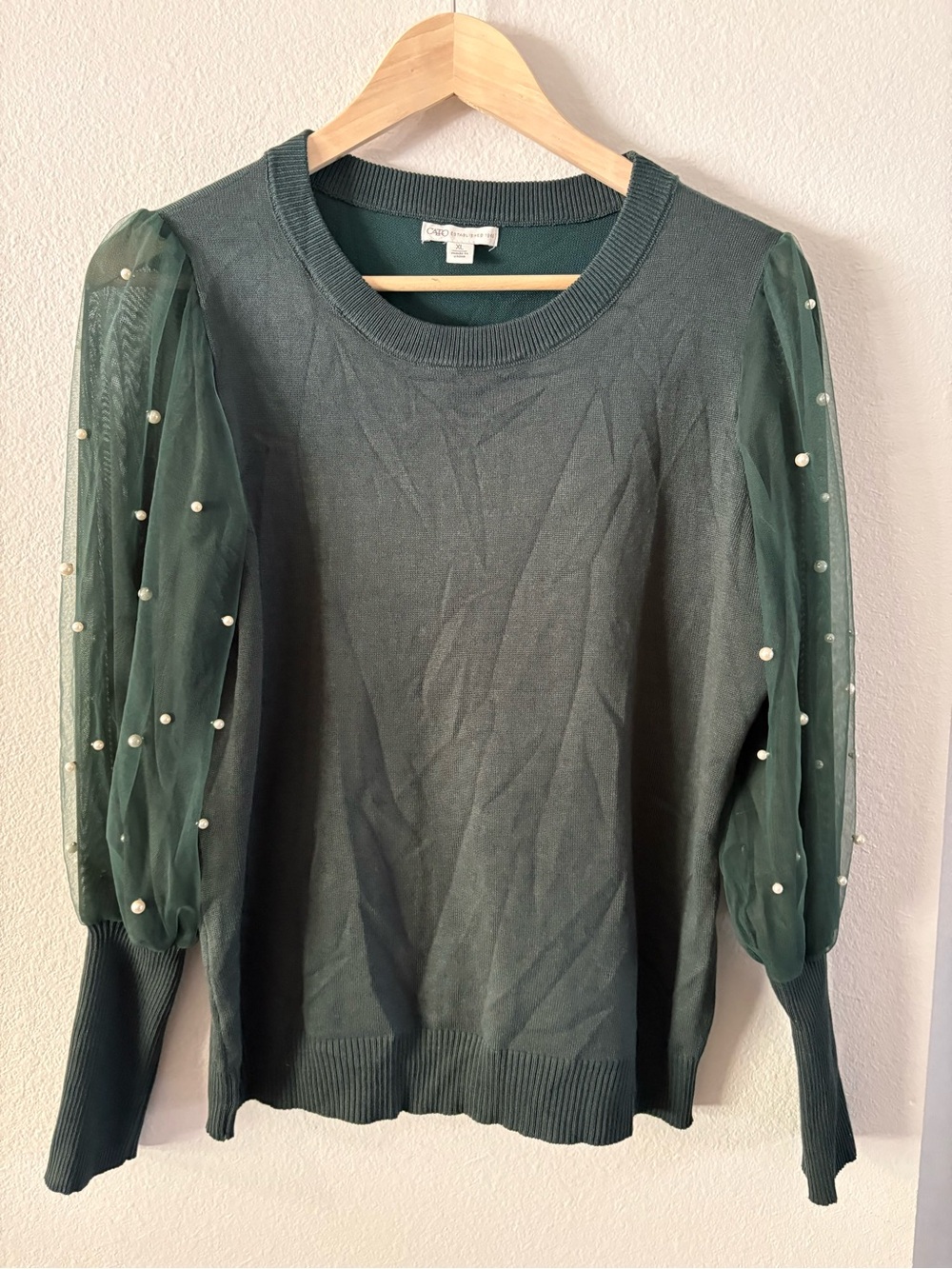 Cozy Glam Knit Green Sweater Sheer-Pearl Puff Sleeve Holiday Party Sweater XL